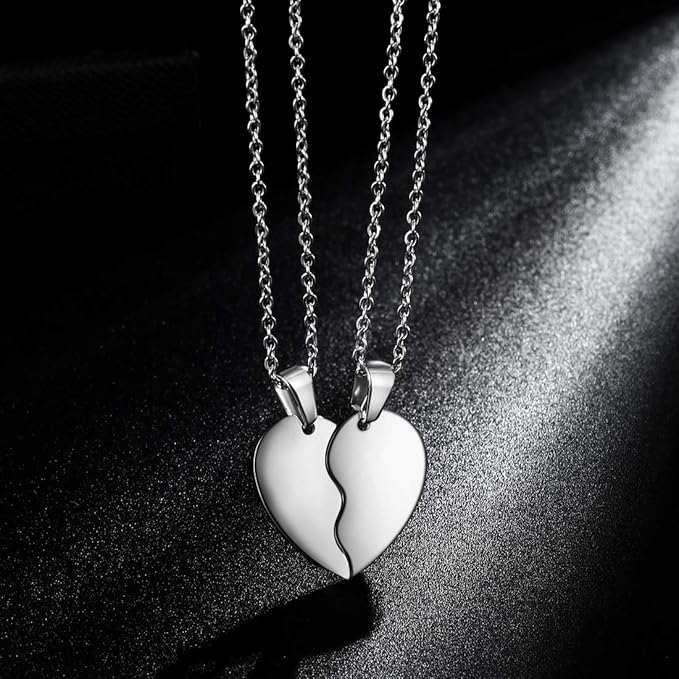 2 Pcs Silver Heart Broken Pendant Necklace With 2 Chain For Girls Women Couples Men Friendship Nacklace - Heart Broken Non Magnetic Matching Couple Best Friend Ship Locket For Ladies