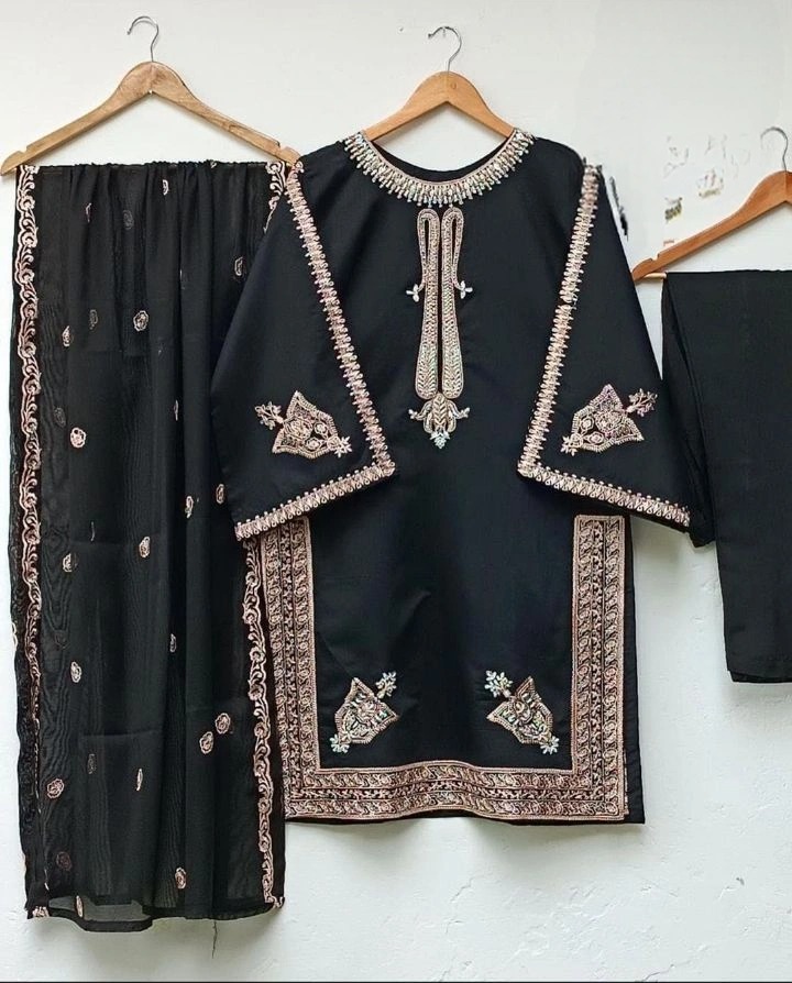 Boutique By Aiman | Ready Made | Ready To Wear | Women's Fashion |  Front Neck, Sleeves And Daman Embroidery Shirt With Embroidered Dupatta 3 Piece Dress  For Women's Fashion