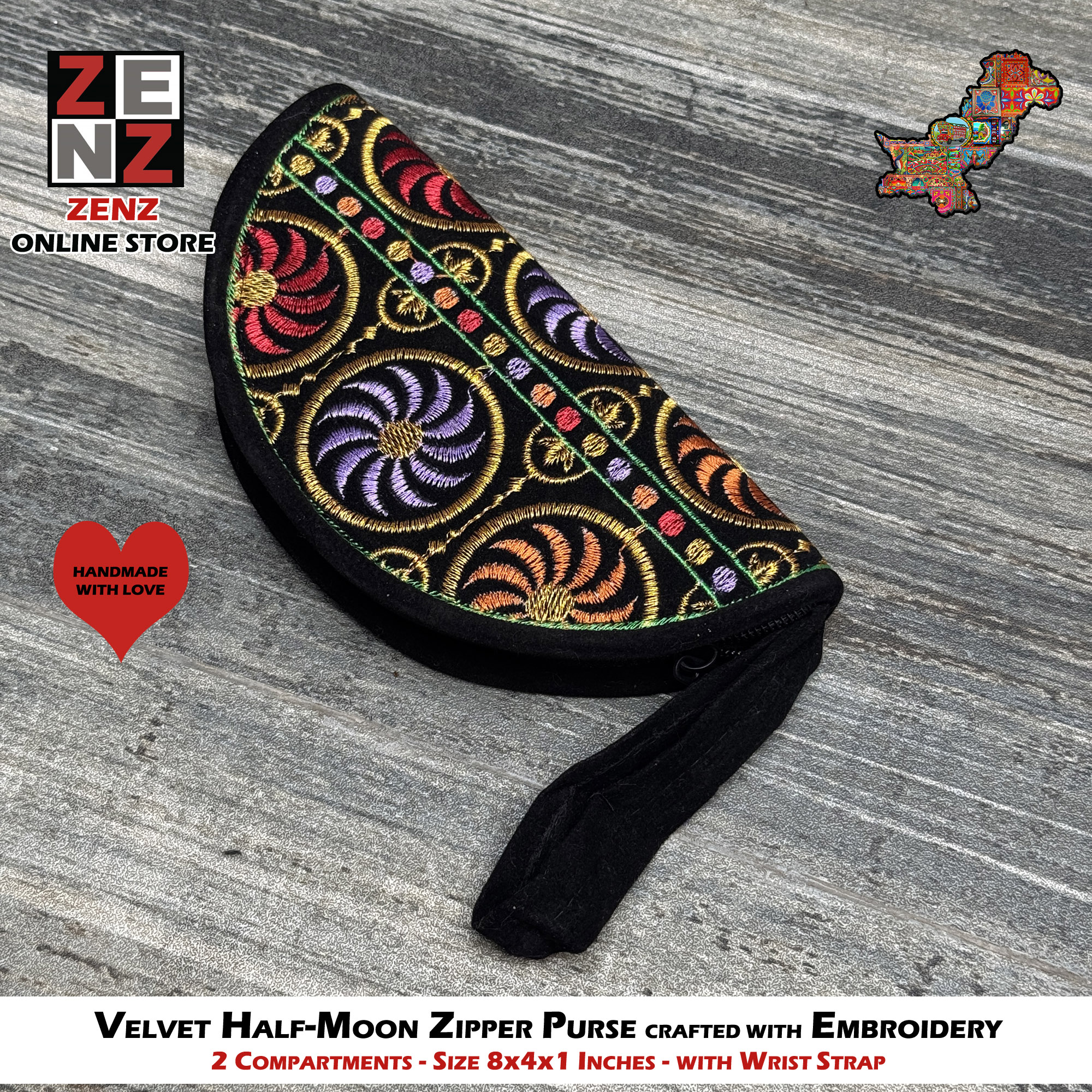 Half Moon Shaped Handmade Black Embroidered Velvet Clutch Purse Size 8x4 Inches crafted with Multicolour Embroidery by ZENZ Pakistani Traditional Vintage Fashion Wear