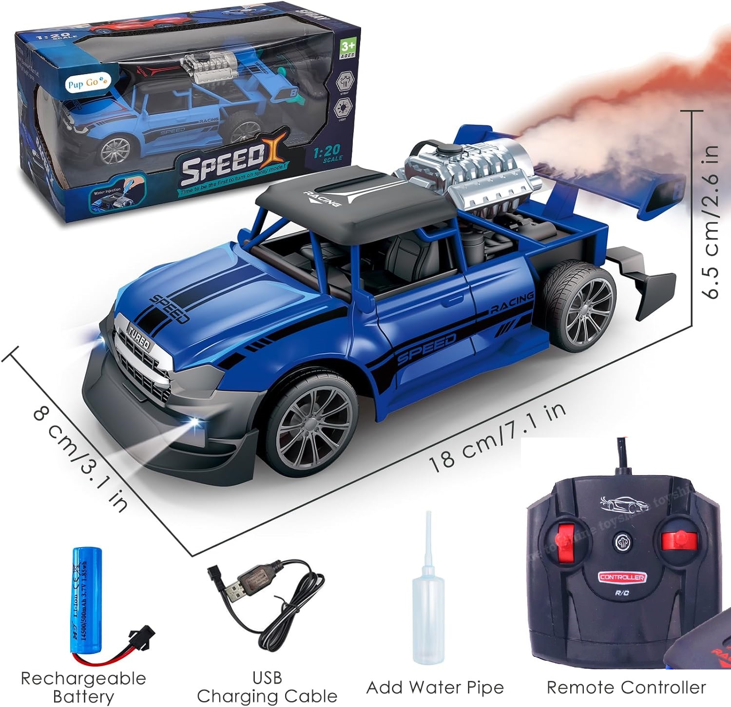 Rc Car High Speed Racing Car Remote Control Rechargeable Rc Smoke Spray Remote Control Light Smoke Spray Emulation Exhaust Car in 1:20 Scale With Rechargeable Battery & Cable 2.4G RC Light Spray Car For Long Range