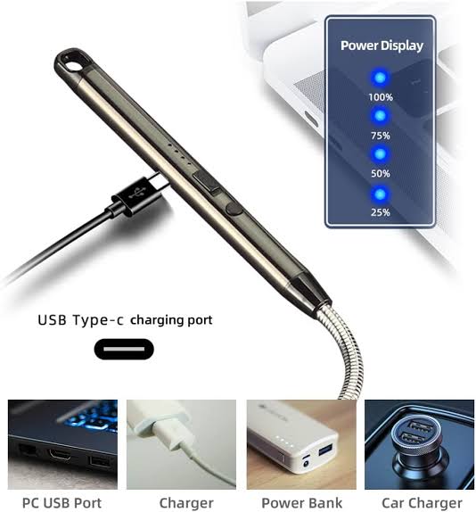 Electric Arc USB Rechargeable Flameless Arc Lighter Flexible and Windproof for Candles, Hiking, Camping, Kitchen, Fireplaces 360 degree free rotation