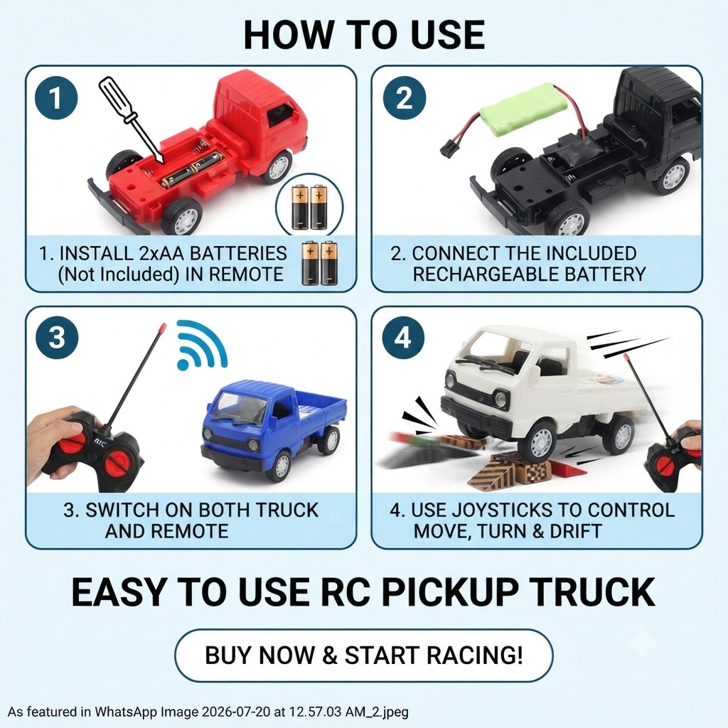 KIDDO KASTLE - RC Mini Suzuki Pickup Truck 1:32 Scale | 2.4GHz Remote Control Off-Road Drift & Climbing Truck with LED Lights | RC Racing Vehicle Toy for Kids Age 5+ | Assorted Colors