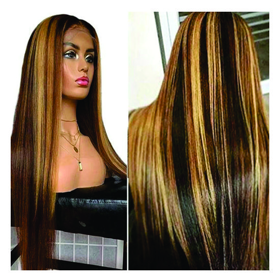 Full Hair Wig for Girls Black With Golden Brown Color Strong Attachment Zero Shed Hair Extension For Girls