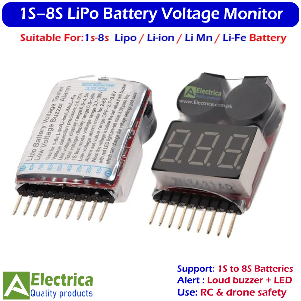 RC LiPo Battery Low Voltage Alarm 1S–8S Dual Buzzer LED Indicator for Drone Quadcopter FPV Battery Monitor by Electrica