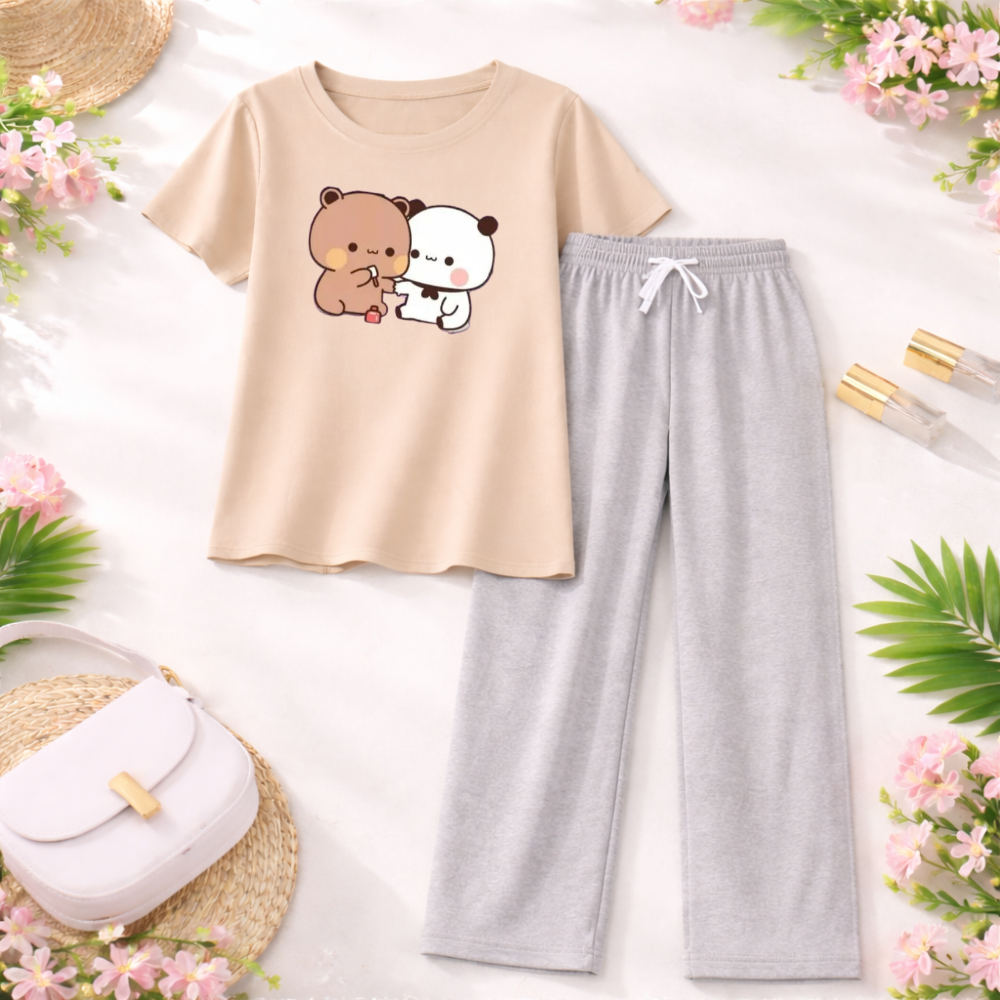 MK Garments - Bubu Dudu Printed Girls 2 Pcs Set Soft Jersey Half Sleeves T-Shirt With Grey Trouser Comfortable Sleepwear Nightwear Casual Home Wear for Girls