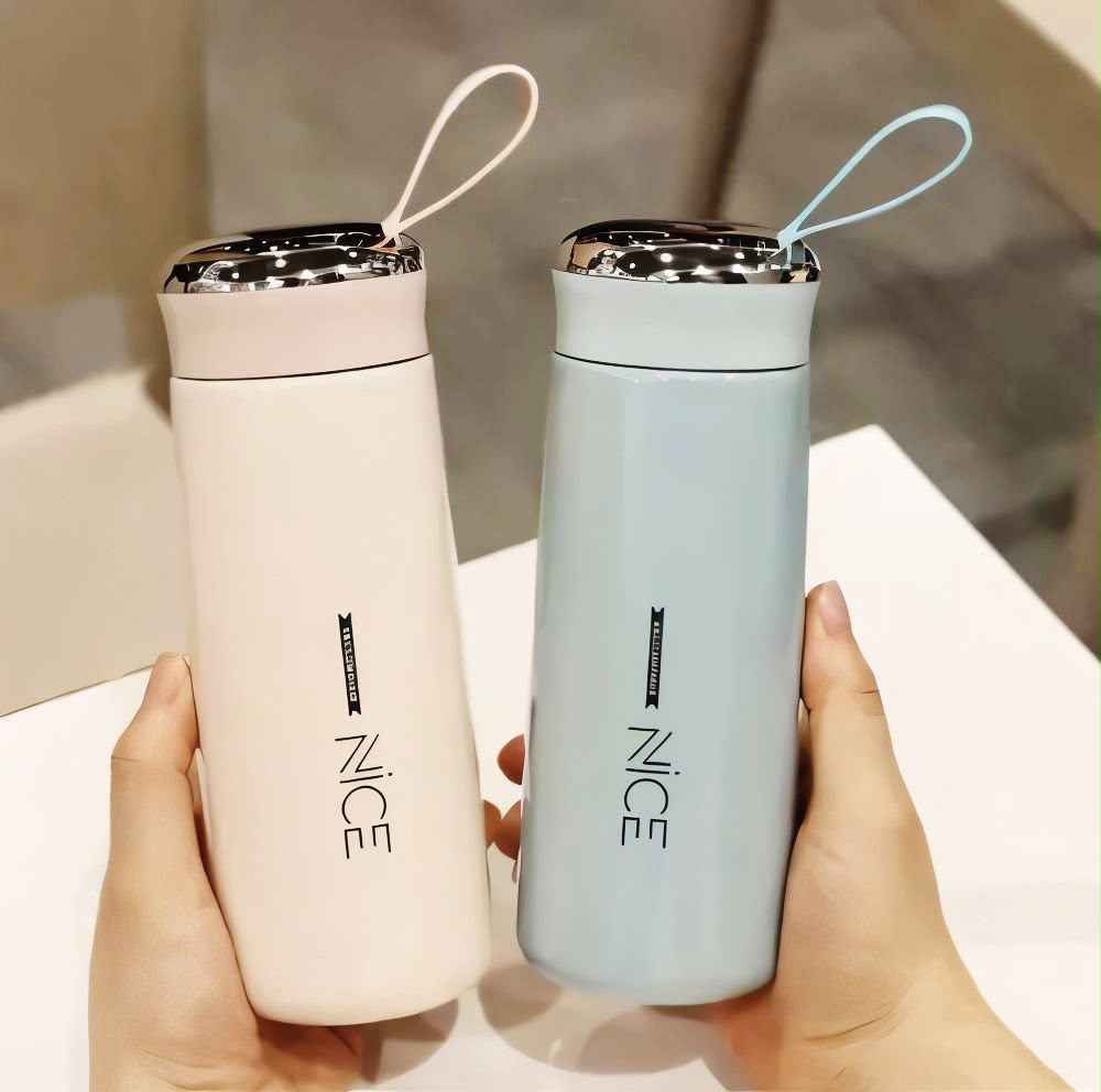 Nice Glass Water Bottle with Plastic Coated Cover & Lid – 400ml