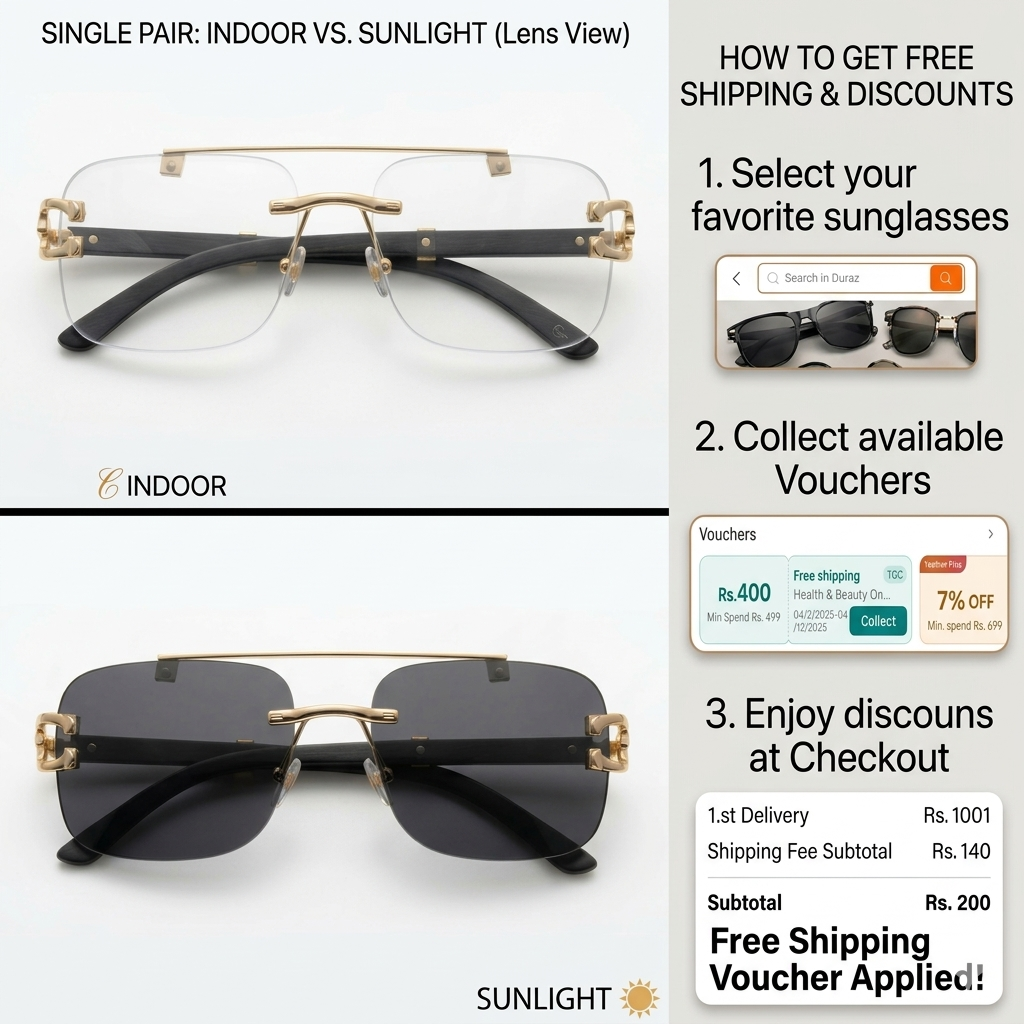 UrbanHive.pk All-Season Outdoor Premium Polycarbonate & TR90 Frame Rimless Photochromic Color-Changing Eyewear Sunglasses for Men & Women - Luxury Cheetah Style Solar Magic Glasses for Girls & Boys - Unisex Frameless Shades for Ladies