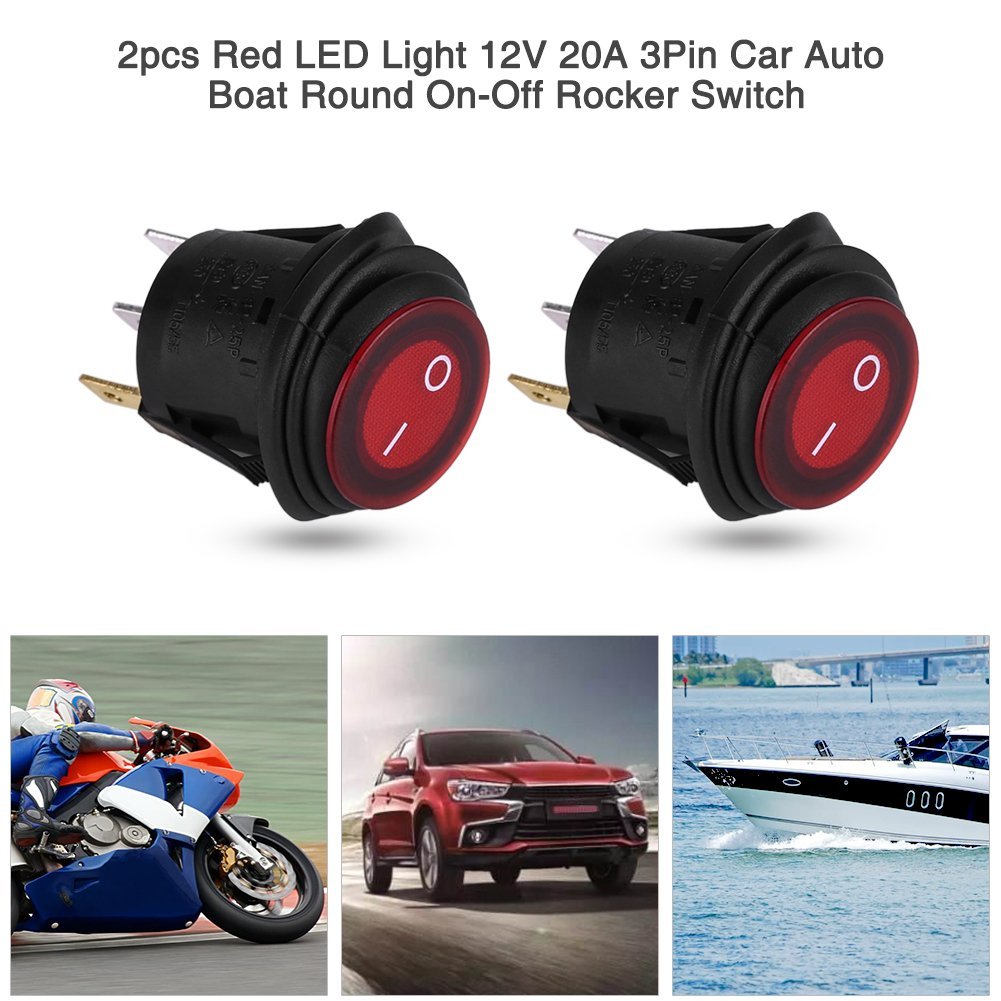 2PCS 12V 3Pin Red LED Rocker Switches, Round Button Rocker Toggle Switch OnOff SPDT Snap Waterproof for Car Auto Boat Truck