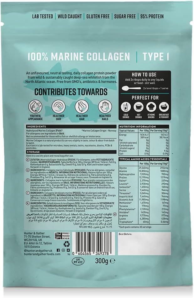 Hunter & Gather Marine Collagen Powder 300g | Pure Unflavoured Premium Hydrolysed Wild Caught Marine Collagen Peptides Powder for Hair Skin Nails Muscles | Collagen Supplements for Women and Men