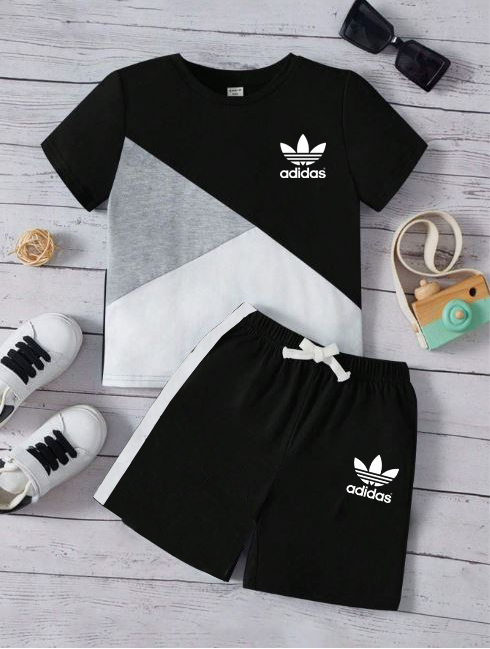 KIDS'S SUMMER SHORT SLEEVE PATCHWORK TOP T.SHIRT AND TROUSER
