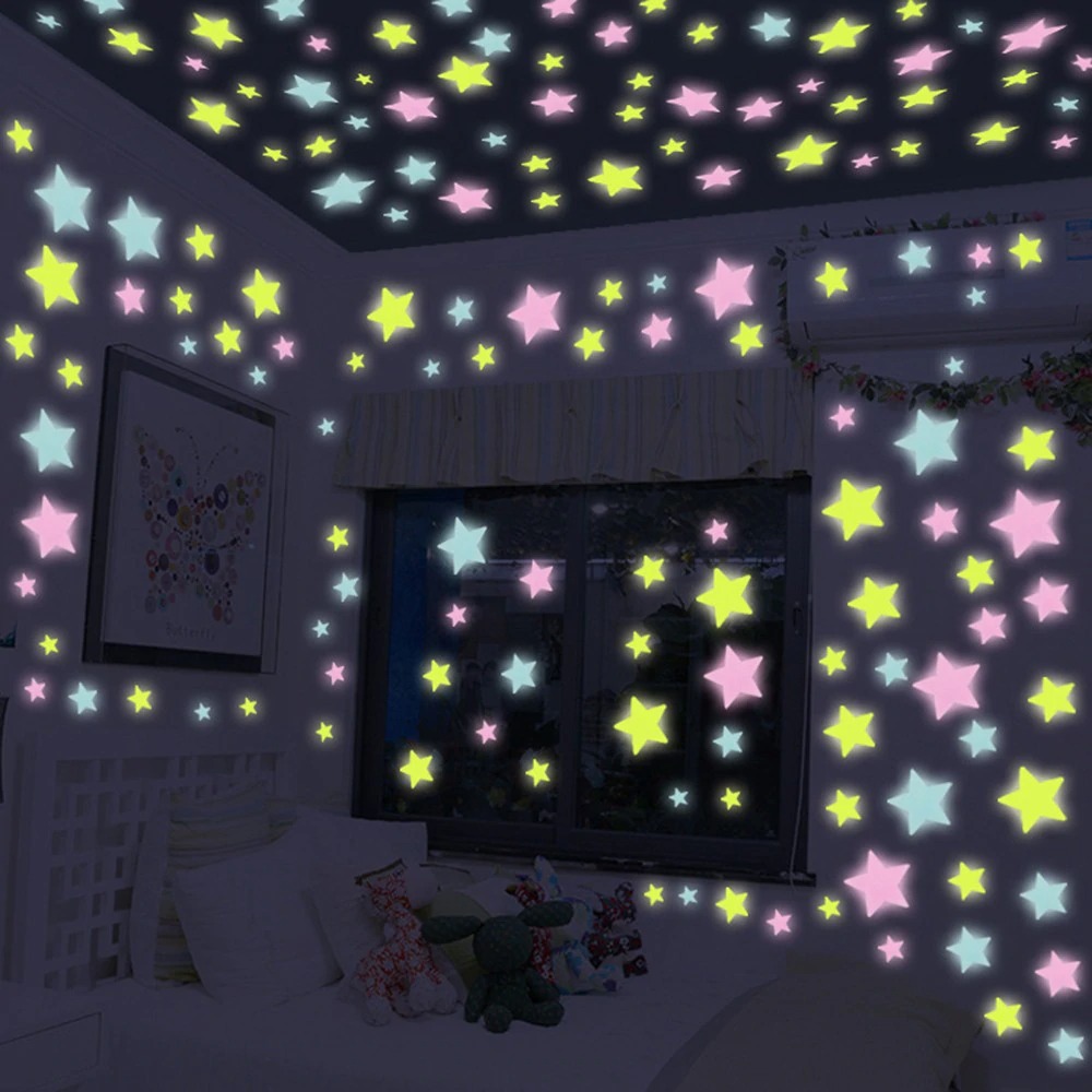 Pack of 100 3D Stars Glow in the Dark Wall Stickers Luminous Fluorescent for Kids Room Bedroom Ceiling Home Decor