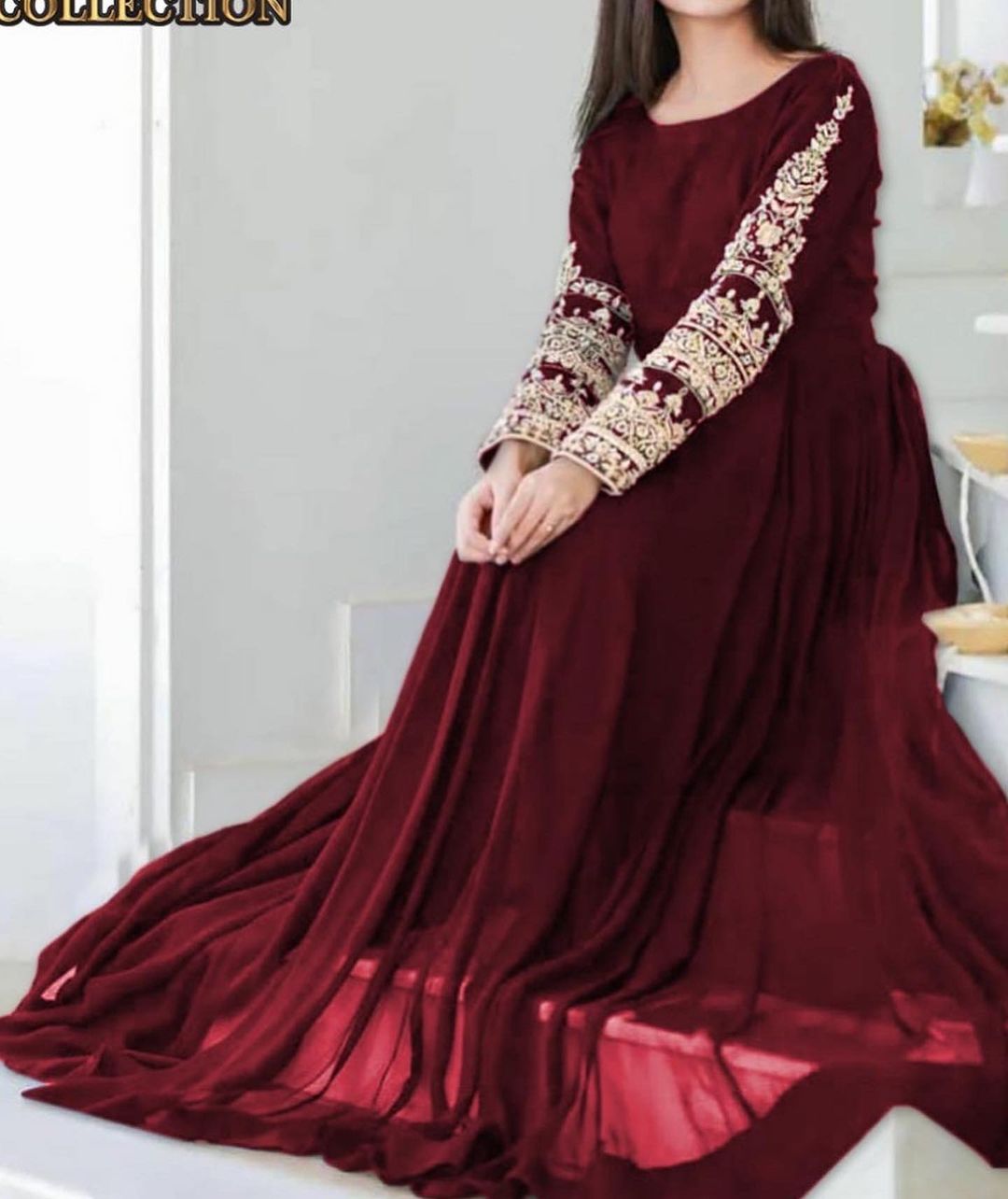 Designer Chiffon Stitched Maxi For Women | New Long Style Embroidered Maxi | Stylish Maxi / Ready to Wear /Wedding Dress For Women/Girls Article May-050 Sale Low Price
