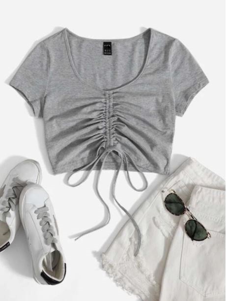 Women's Solid Drawstring Ruched Tee – Stylish and Trendy Cotton Blend (S-XL)