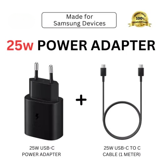 Original 25W Super Fast Charger For Samsung Mobiles – Efficient, High-Speed Charging Solution | Super Fast Adapter + USB Type C to USB Type C Cable | Premium Quality Charger