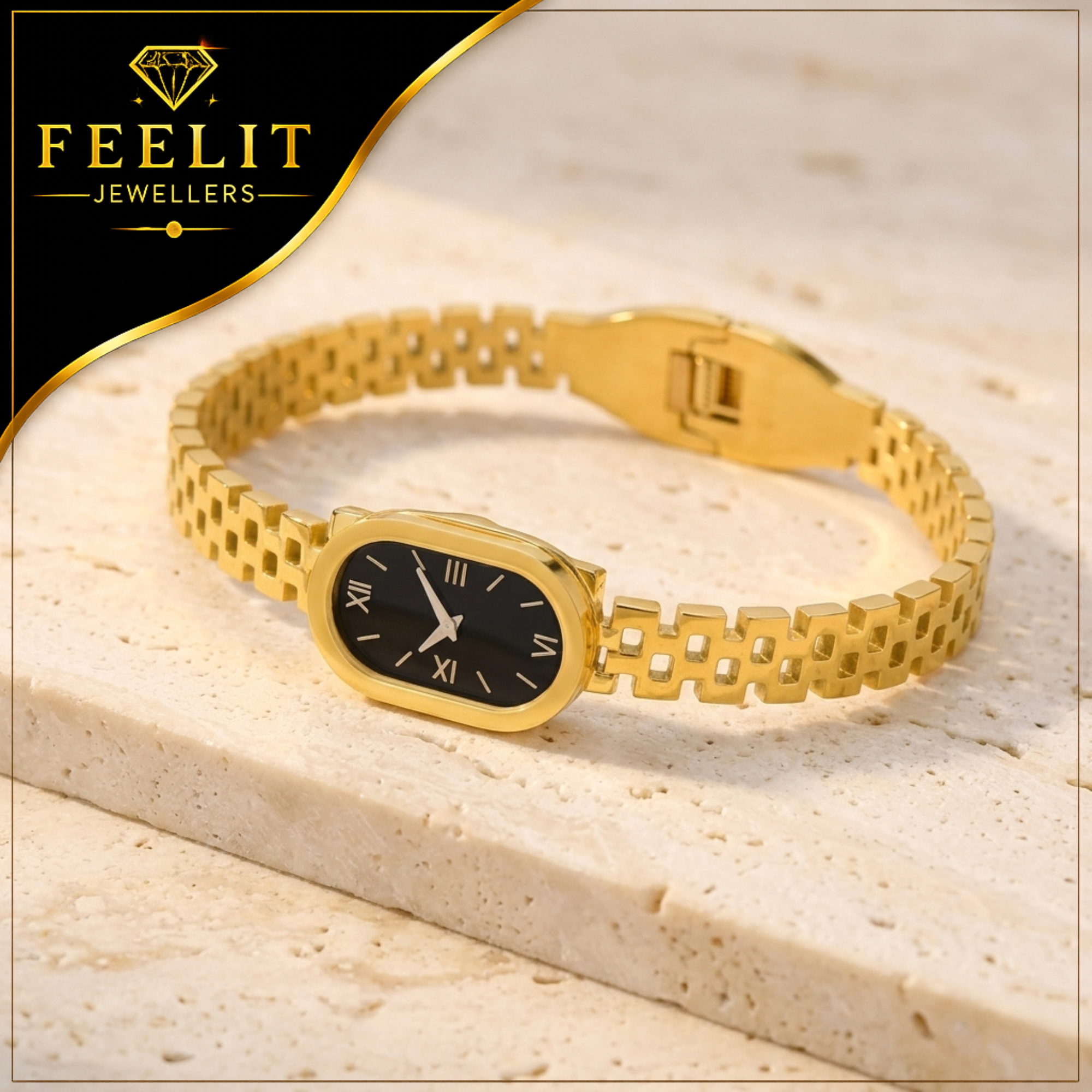 Stainless Jewellery Watch Design Bracelet for Women & Girls | Gold-Tone Handcuff Bracelet | Premium Fashion Jewellery