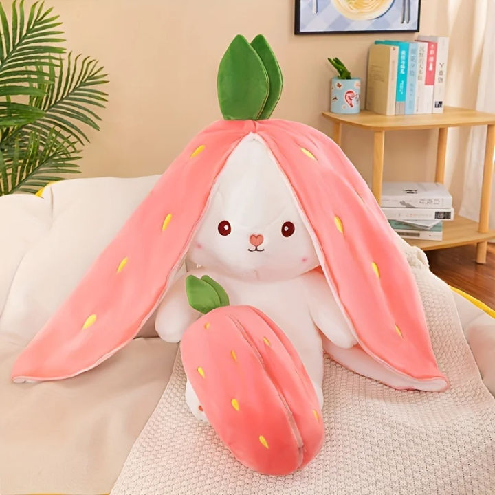 Bunny Stuffed Animal,Reversible Carrot Strawberry Bunny Plush Doll With Zipper Cute Soft Rabbit Toys Pillow Decoration 25cm