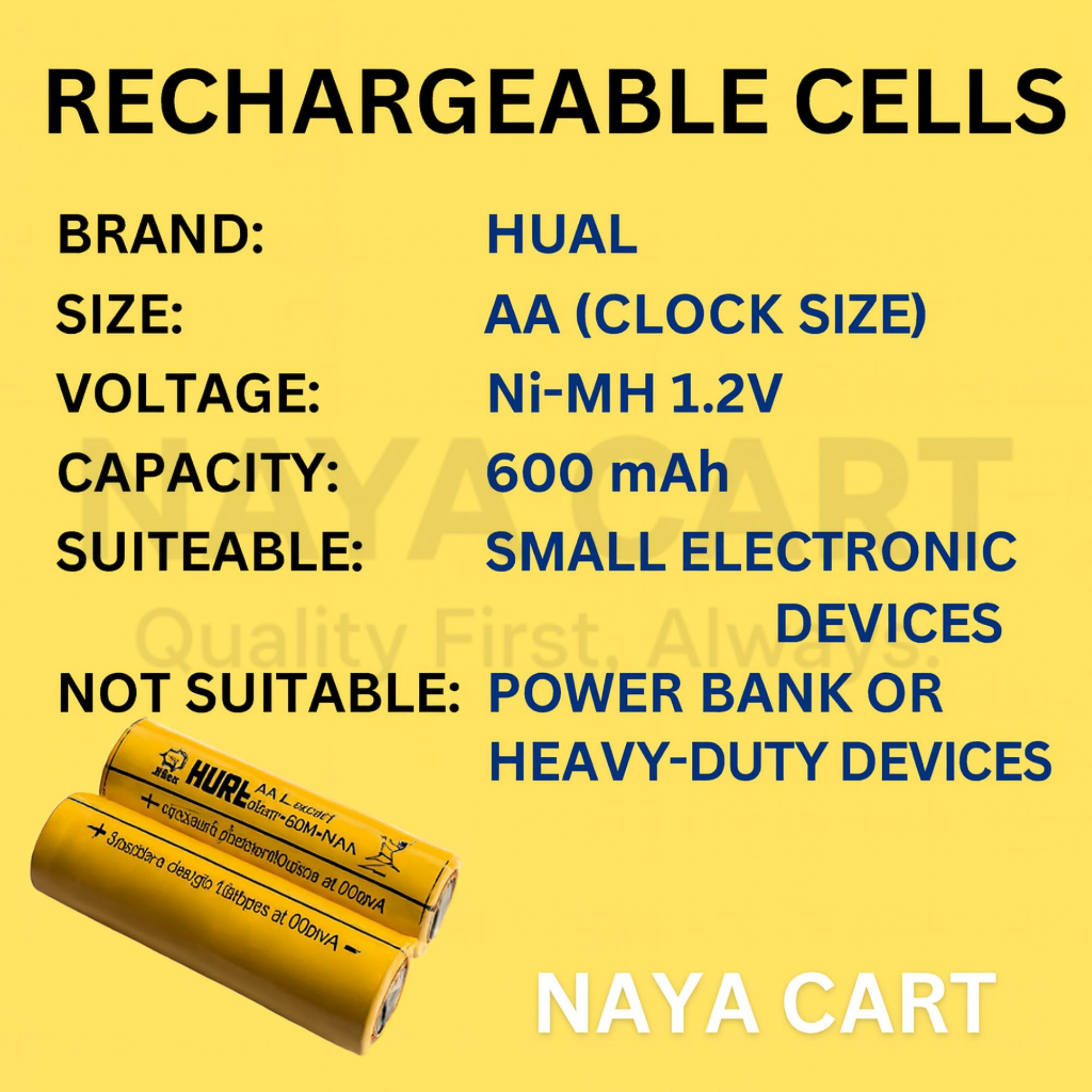 NAYA CART Original Hual Rechargeable Cell AA Size (CLOCK SIZE) | Ni-MH 1.2V Battery Cell | Real 600mAh | Best for Trimmer & Small Electronic Gadgets | Not Suitable for Power Bank or Heavy-Duty Devices