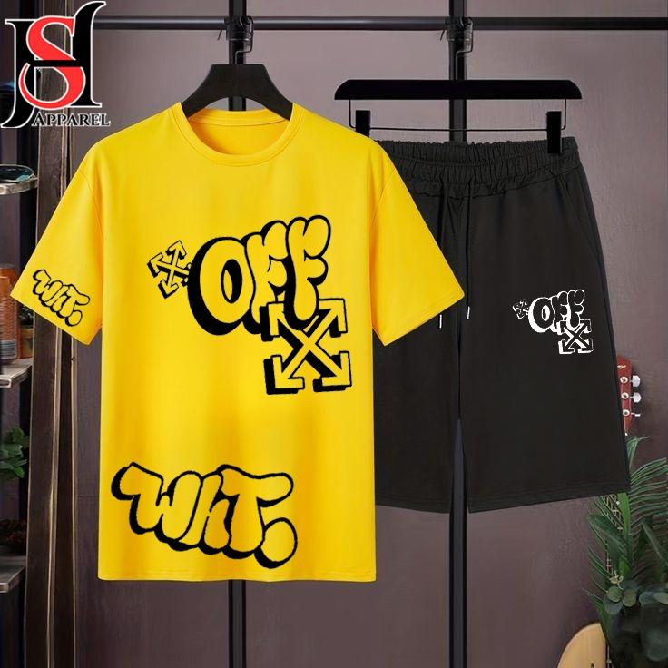 Off White Printed Cotton Half Sleeves O Neck Short & Tshirt For Men & Boys Track Suit Summer Girls Party Gym