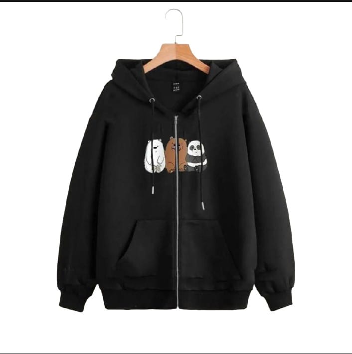 77. Trend Zipper Bear Print Kangaroo Hoodie for Women and Girls