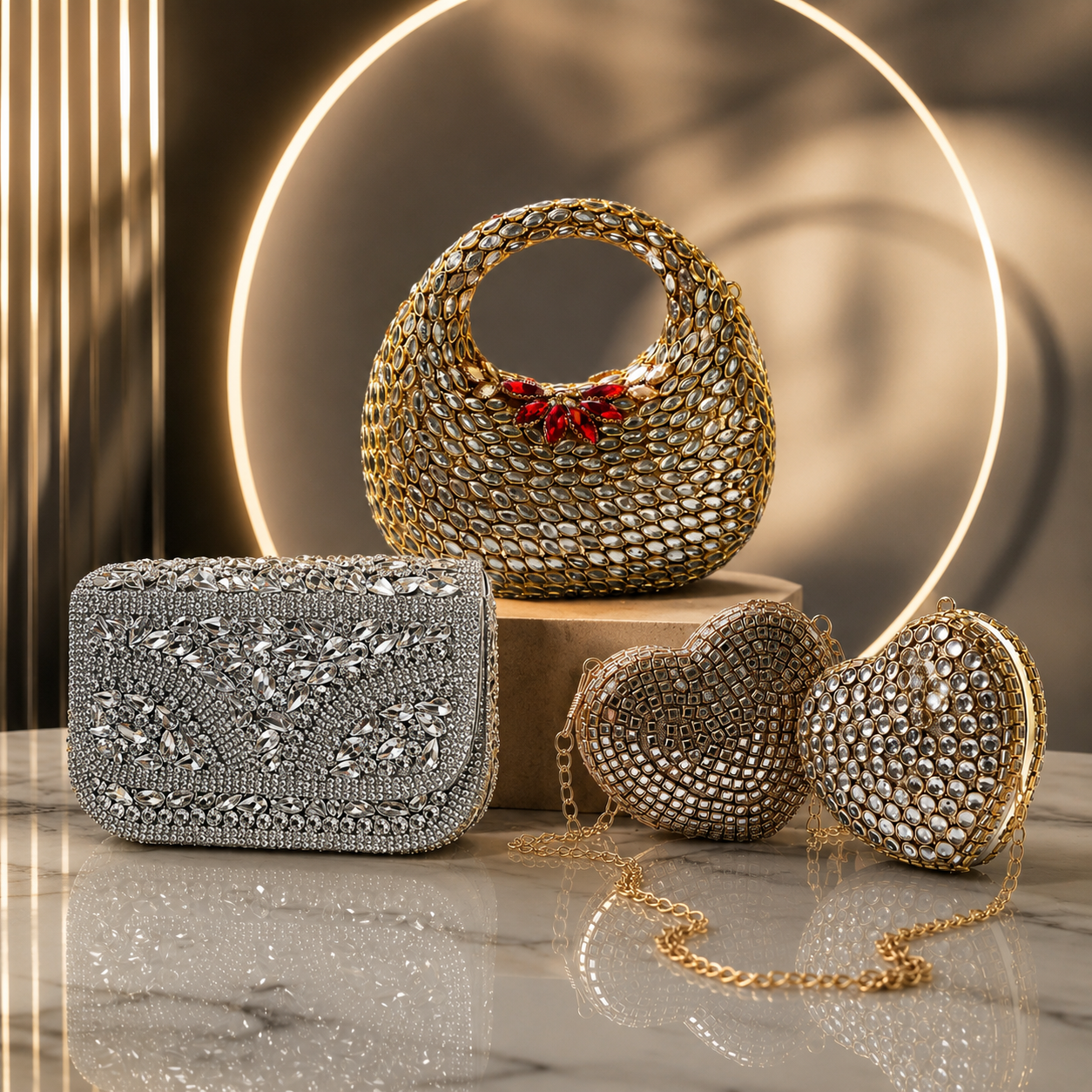 Kundan Clutch - Clutches - Mini Heart Kundan Clutch - Metallic Clutch - Moon Kundan Clutch - Luxury Clutches - Beautiful Clutch - Best Clutch