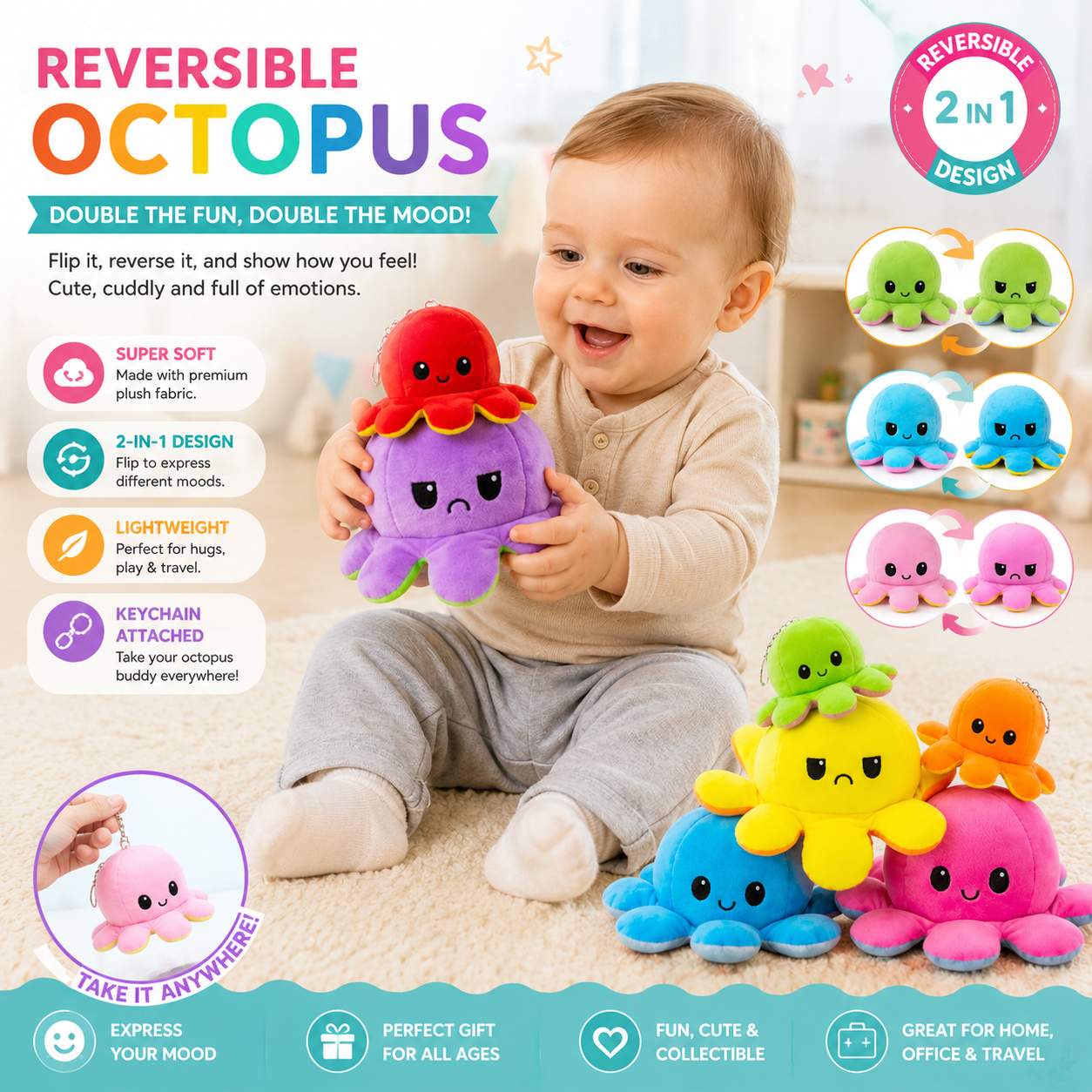 Reversible Octopus Plush Toy 2 in 1 Happy & Sad Face Soft Stuffed Animal Cute Mood Flip Octopus Doll for Kids & Gifts