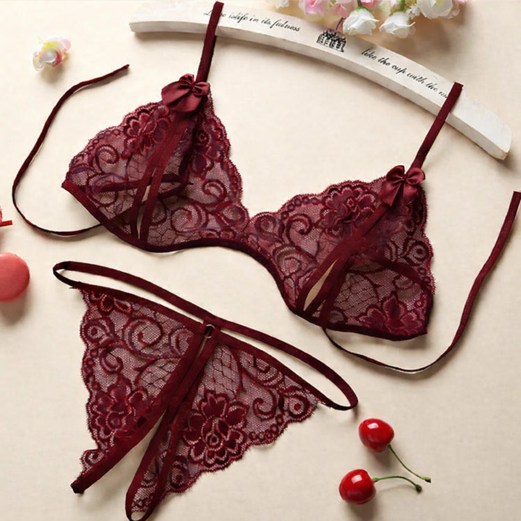 One Size (Fits:40-65 KGS) Lace-up Lingerie Set Bra Set Women Underwear Bikini Three-point Set (weight:40-65 KGS) - Red