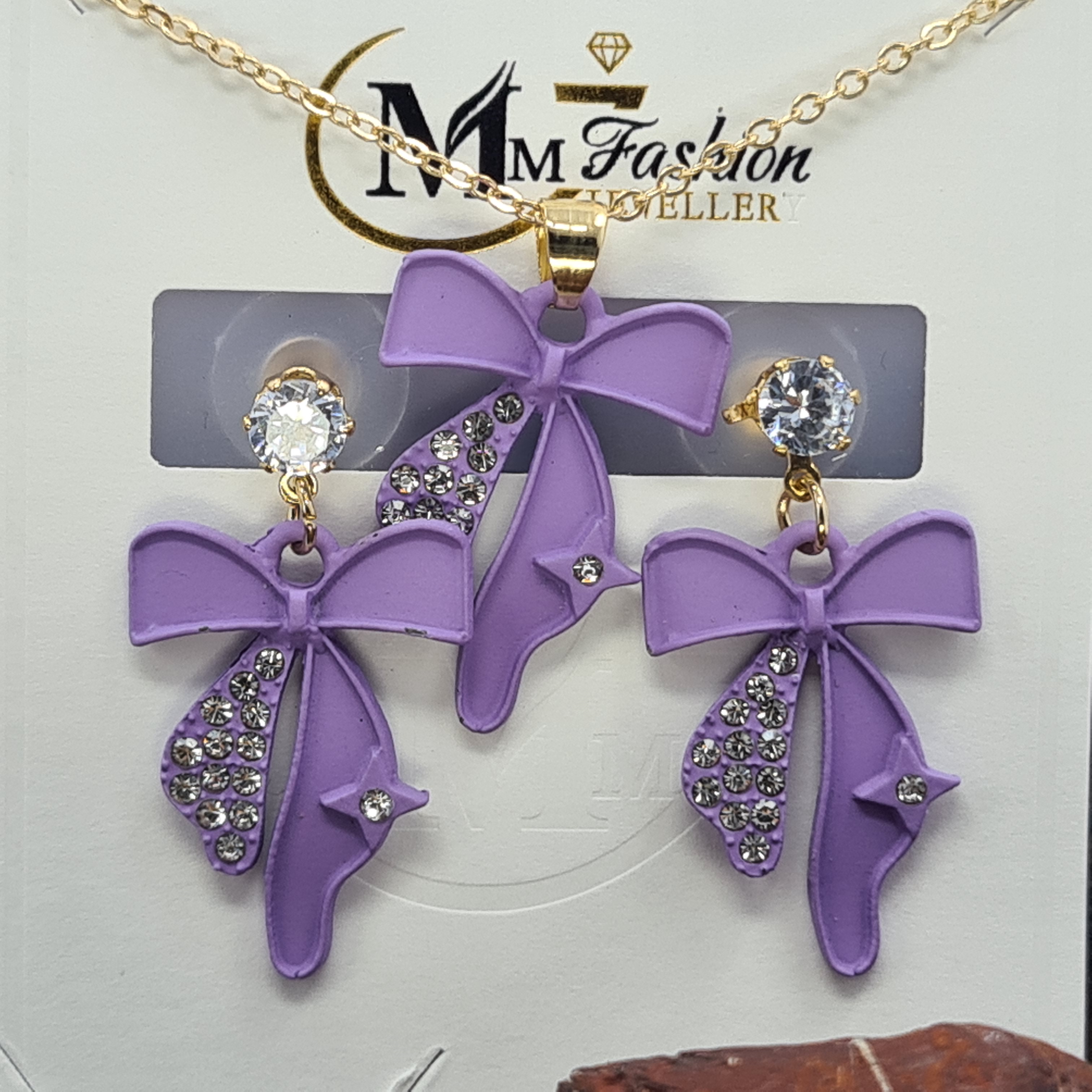 Beautiful Matte Bow Necklace & Earrings Set for Women – Gold Chain with Free Box