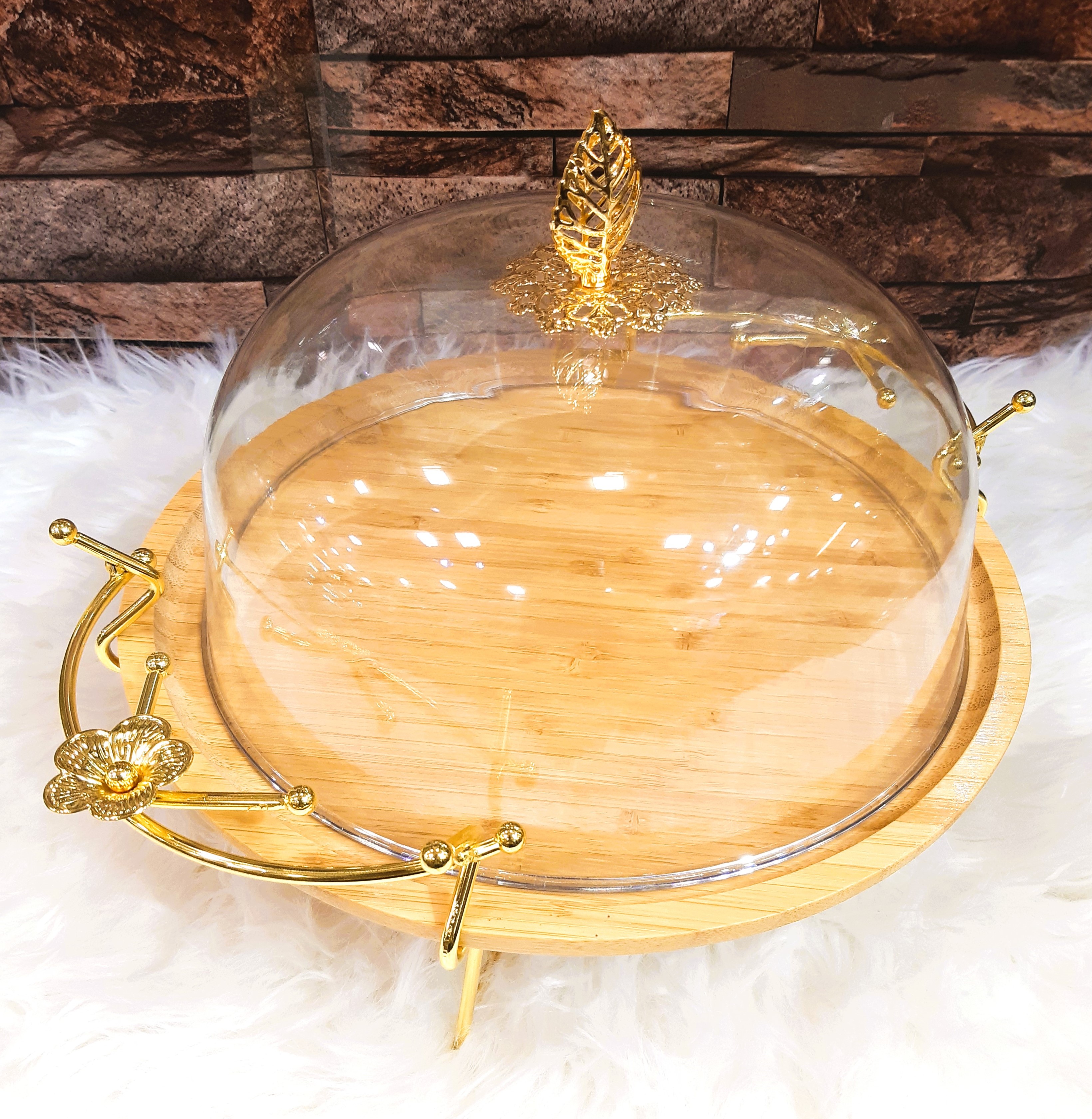 Bamboo Dish with Metal Stand & Plastic Cover-Golden Stand Cake Dish with Cover