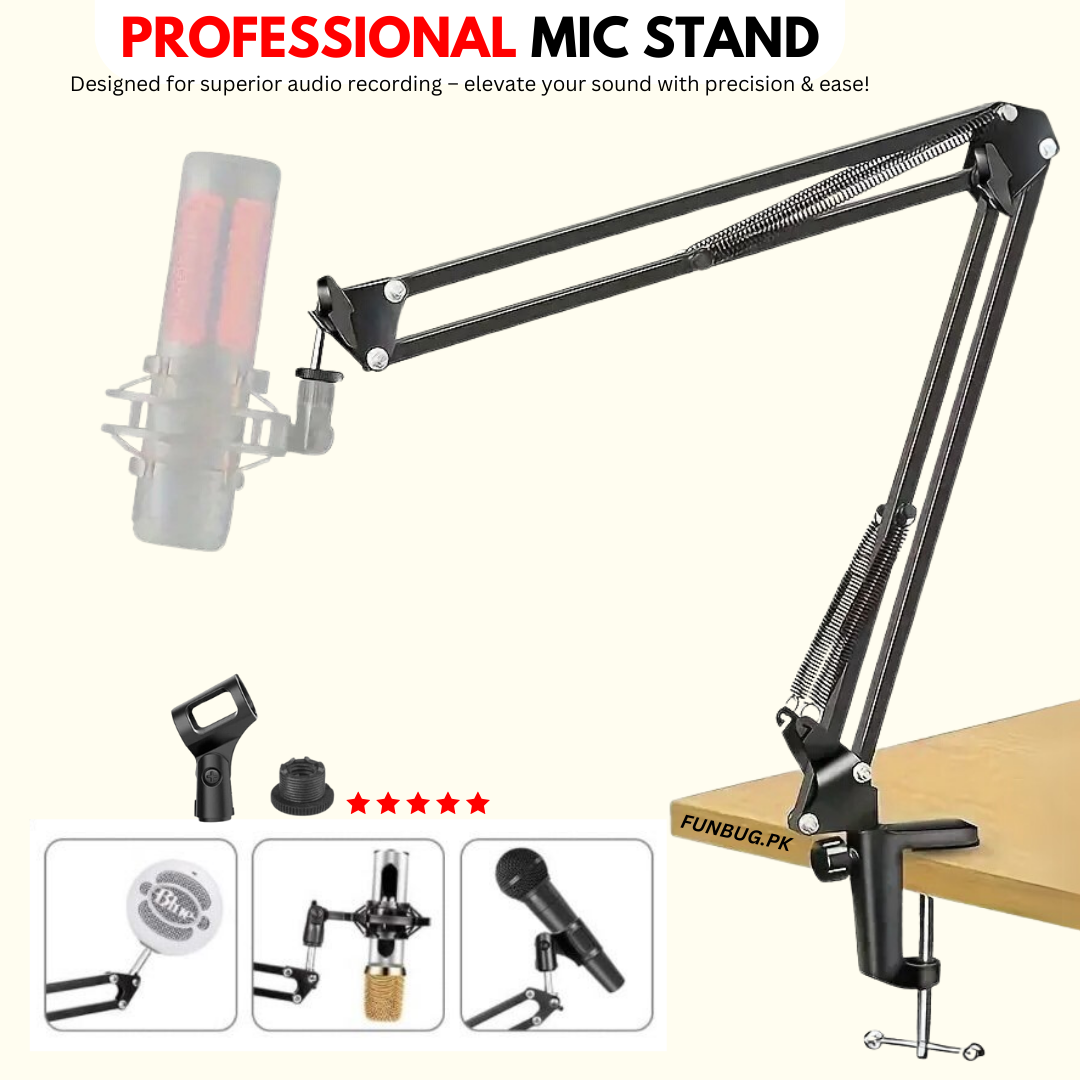 FunBug Professional Metal Scissor Arm Microphone Stand - Adjustable Desk Mount Boom Suspension Arm Stand for Studio, Office, Gaming, Streaming, Podcast - Mic Holder with Clamp for BM800 Condenser Microphone & All Other Mics - Black