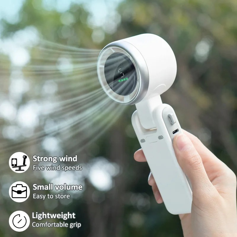 New High Speed Turbo Handheld Fan USB Rechargeable Mini Portable Fan with Digital Display | 5 Speed Foldable Pocket & Neck Hanging Cooling Fan | Ultra Quiet Travel Fan
