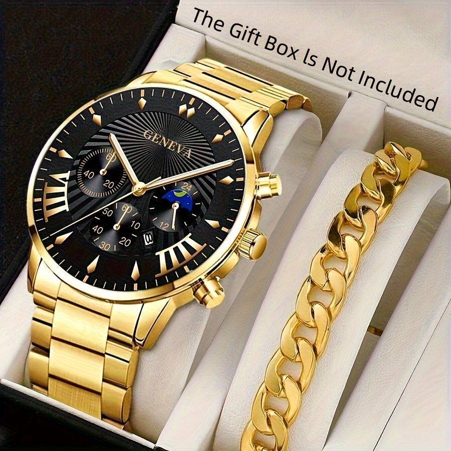 🔥 Pack of 2 Classic Luxury Watches for Men & Boys | Golden Wrist Watch with Matching Bracelet Chain | Premium Gift Combo