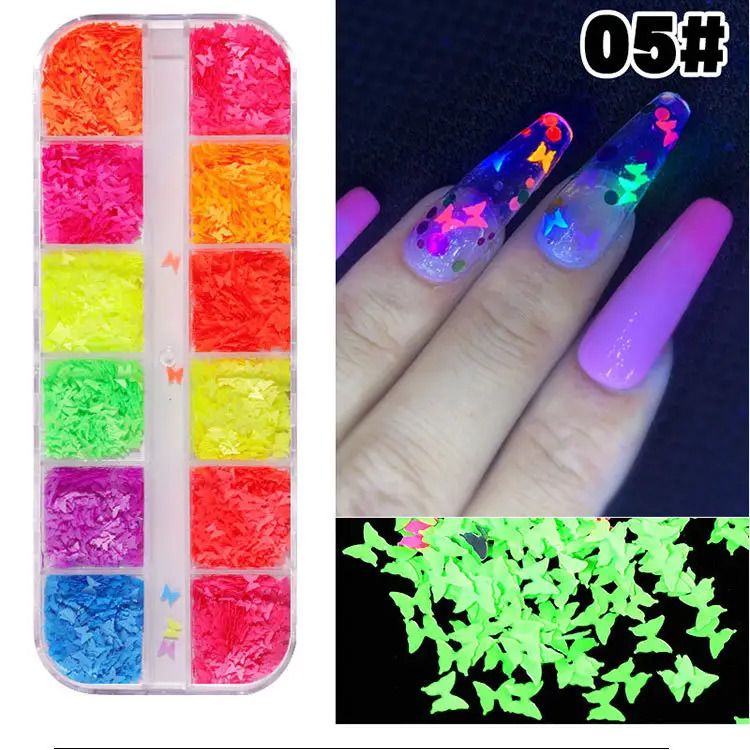 12 Colours box Nail Art 3d Hexagonal Glitter Irregular Multi-size glow in dark nail art for women