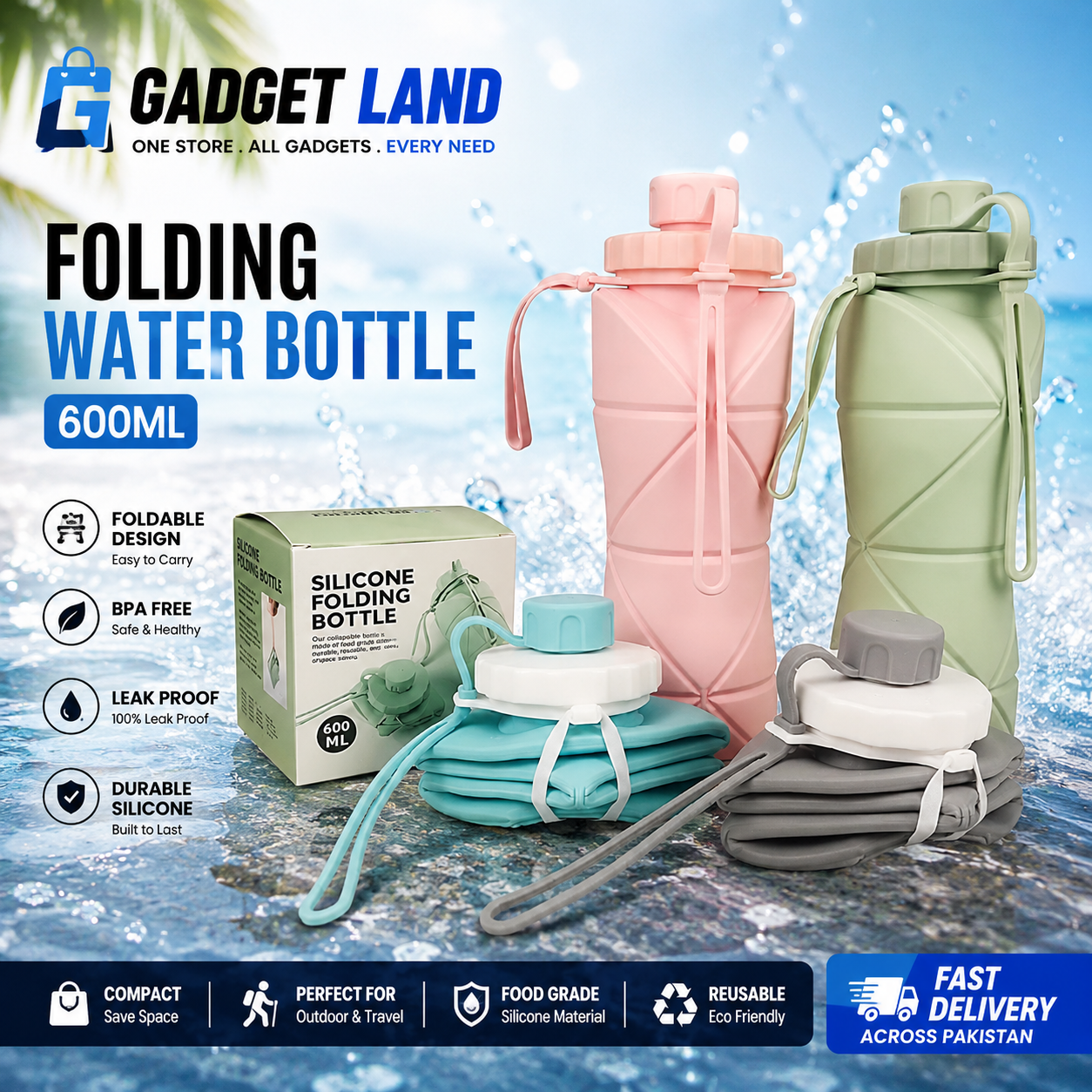 New Silicon Foldable water Bottle 600ml_Portable Traveling Foldable Smart Water Bottle For Gymers, Offices, Colleges and work Places_Pocket Size Collapsible Design