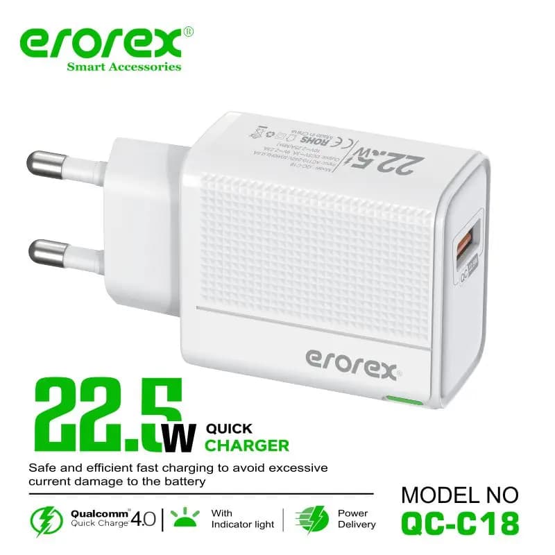 erorex QC-C18 Smart Accessories 22.5W Quick Charger with Qualcomm 4.0 & Power Delivery Support