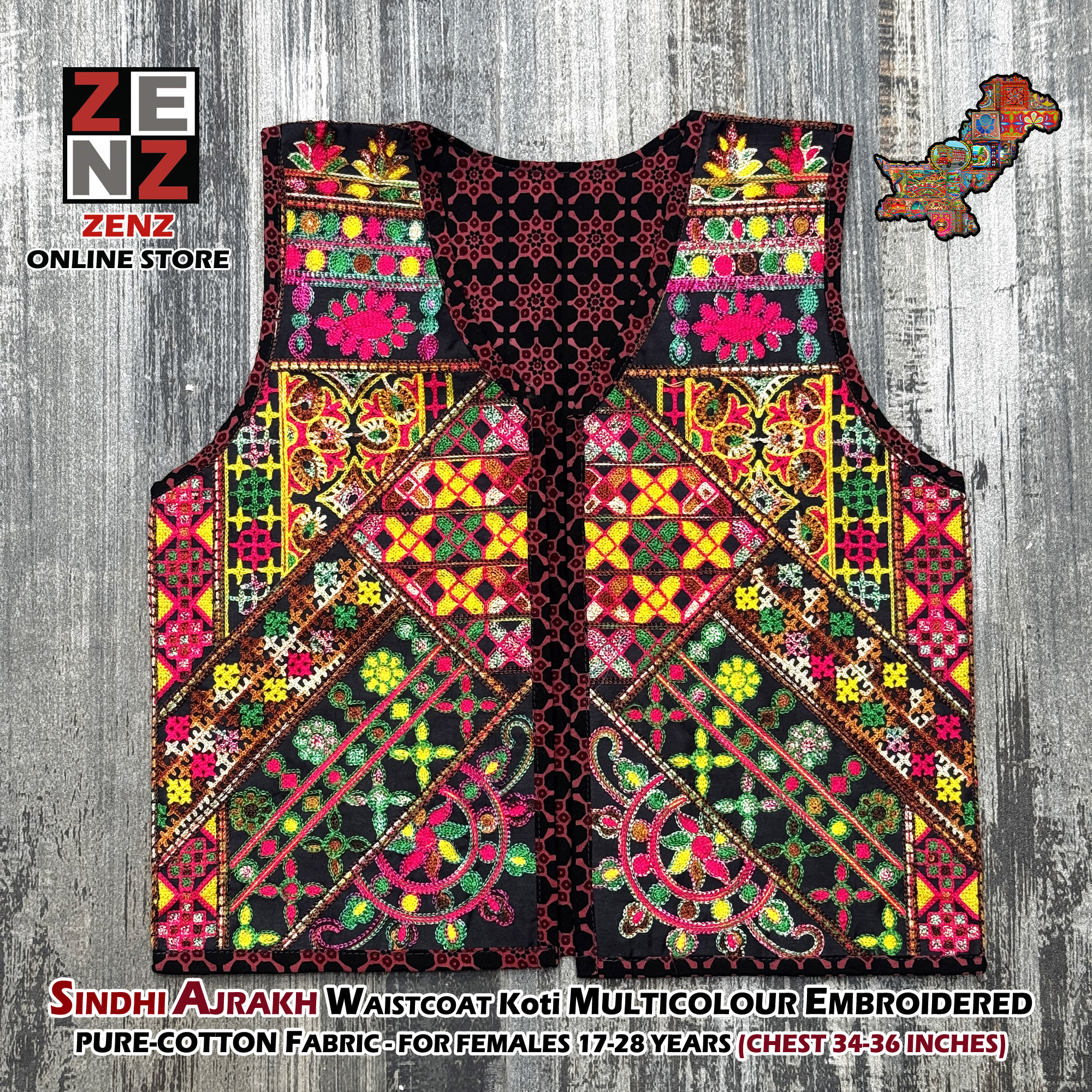 Sindhi Ajrak Traditional & Cultural Party Wear Embroidered Cotton Gilet Waistcoat Koti for Females Girls Women by ZENZ
