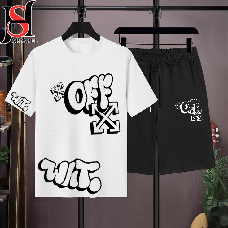 Off White Printed Cotton Half Sleeves O Neck Short & Tshirt For Men & Boys Track Suit Summer Girls Party Gym