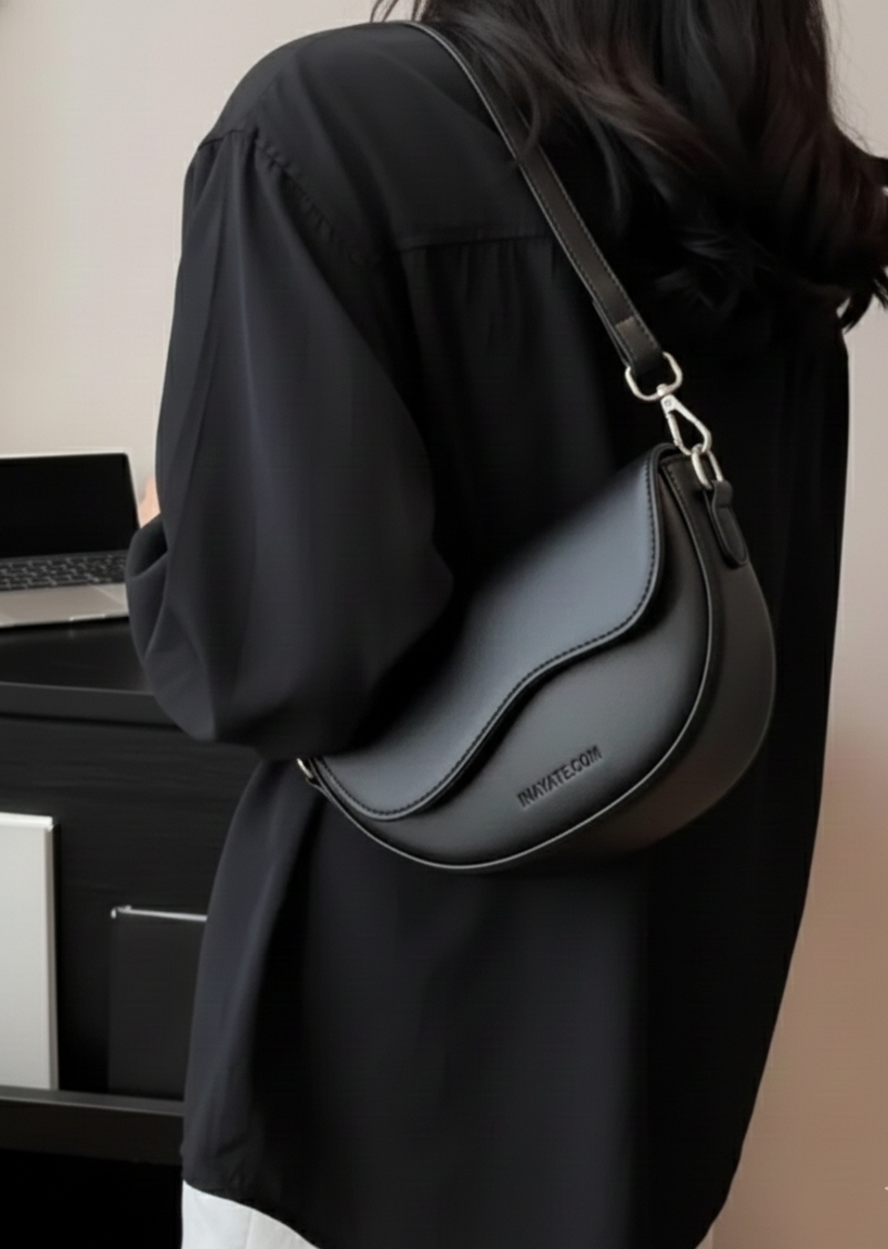 Minimalist Faux Leather Crescent Shoulder Bag - Retro Flap  Handbag with Adjustable Strap