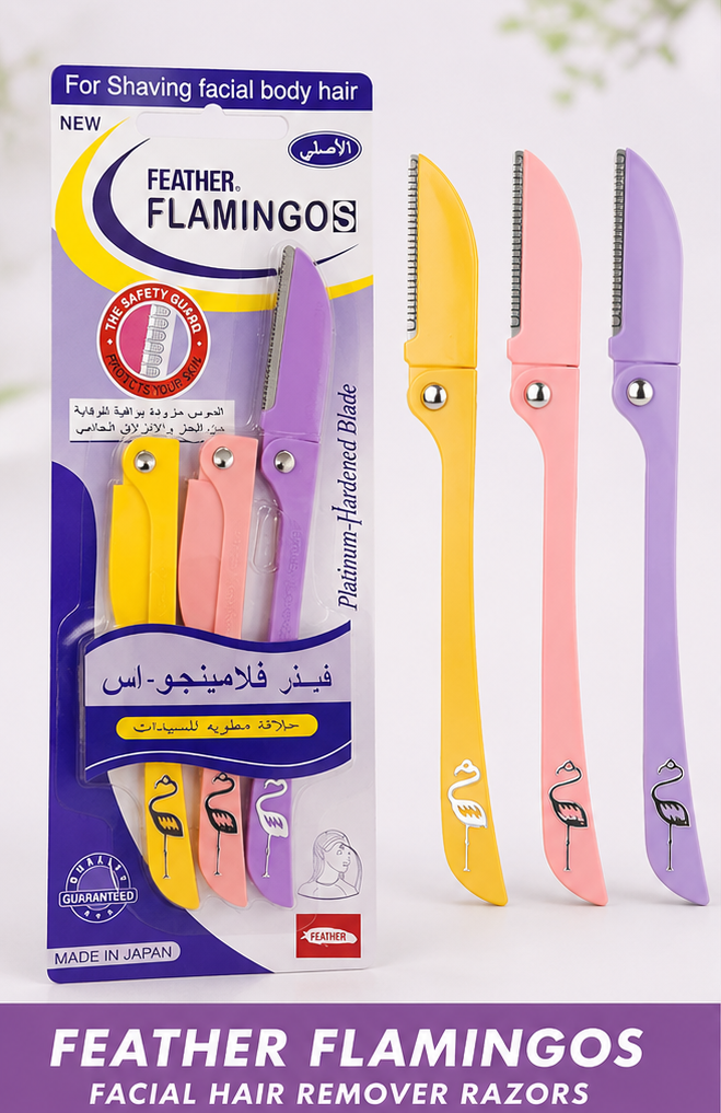 Original Japanese Pack Of 3- Feather Flamingo Facial Razor for Face, Eyebrows & Body shaving | 3-Piece Facial Touch-up Razor | Flamingo Facial Razors for Face, Eyebrows & Body Hair Removal
