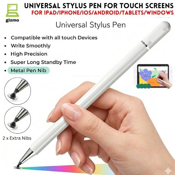 3 in 1 Universal Stylus Pen For Touch Screens - Metal Stylus Pencil One Pro With Flexible Multi Functional Transparent Disc For Writing & Drawing & Navigation Without Any Delay - Compatible With Android, Tablet & Touch Laptops - White