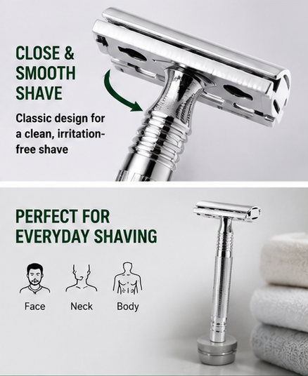 Qiang Ren Double Edge Safety Razor for Men & Women, Stainless Steel Reusable Manual Shaving Razor with 1 Premium Double Edge Blade, Classic Wet Shave Grooming Tool, Durable Anti-Slip Handle, Smooth & Comfortable Daily Beard & Body Hair Removal