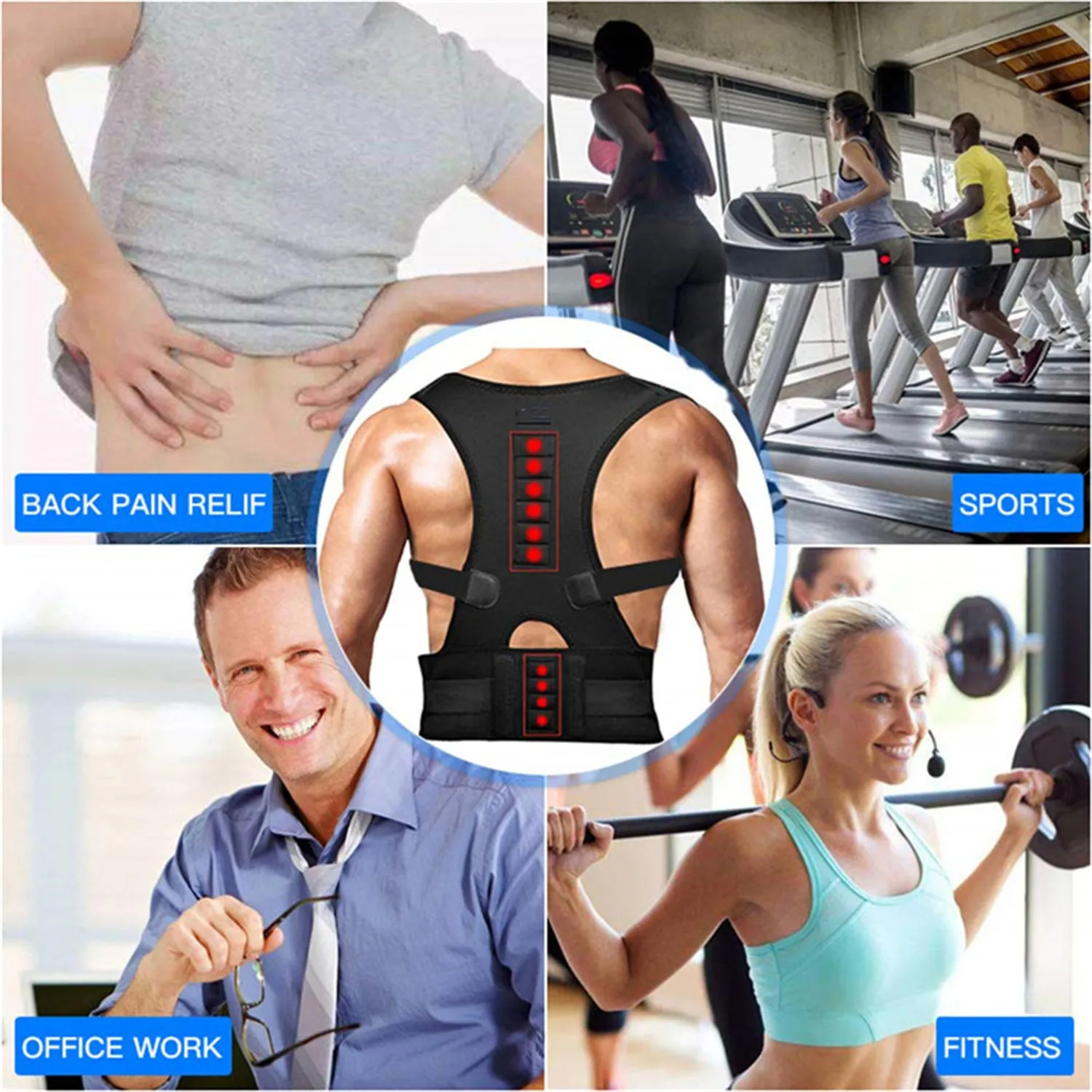 Back Brace Posture Corrector - Magnetic Support for Neck Shoulders and Lower Back Pain Relief - Adjustable Belt Black