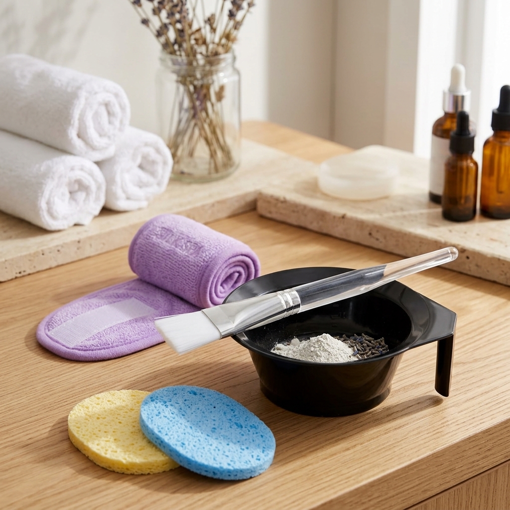 4-Piece Facial Kit — Sponge Puff + Facial Hair Patti + Mixing Bowl + Mixing Brush | Face Wash Cleansing Puff Pad Makeup Remover Exfoliator Facial Scrub Set for Women Skin Care Home Facial Tools