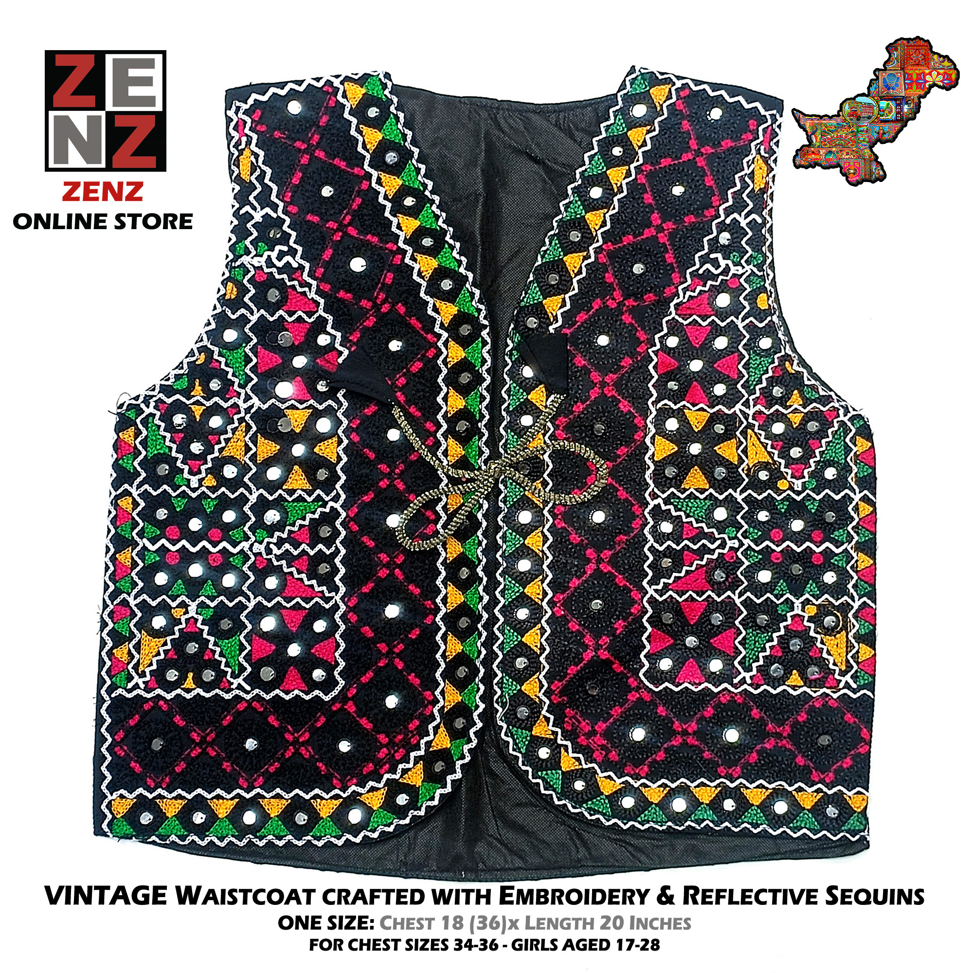 Pakistani Sindhi Balochi Traditional & Cultural Wear WaistCoat Koti for Adult Girls Females Womens Ladies Size 18x20 Inches Embroided Black Multicolor ZENZ Vintage Gilet