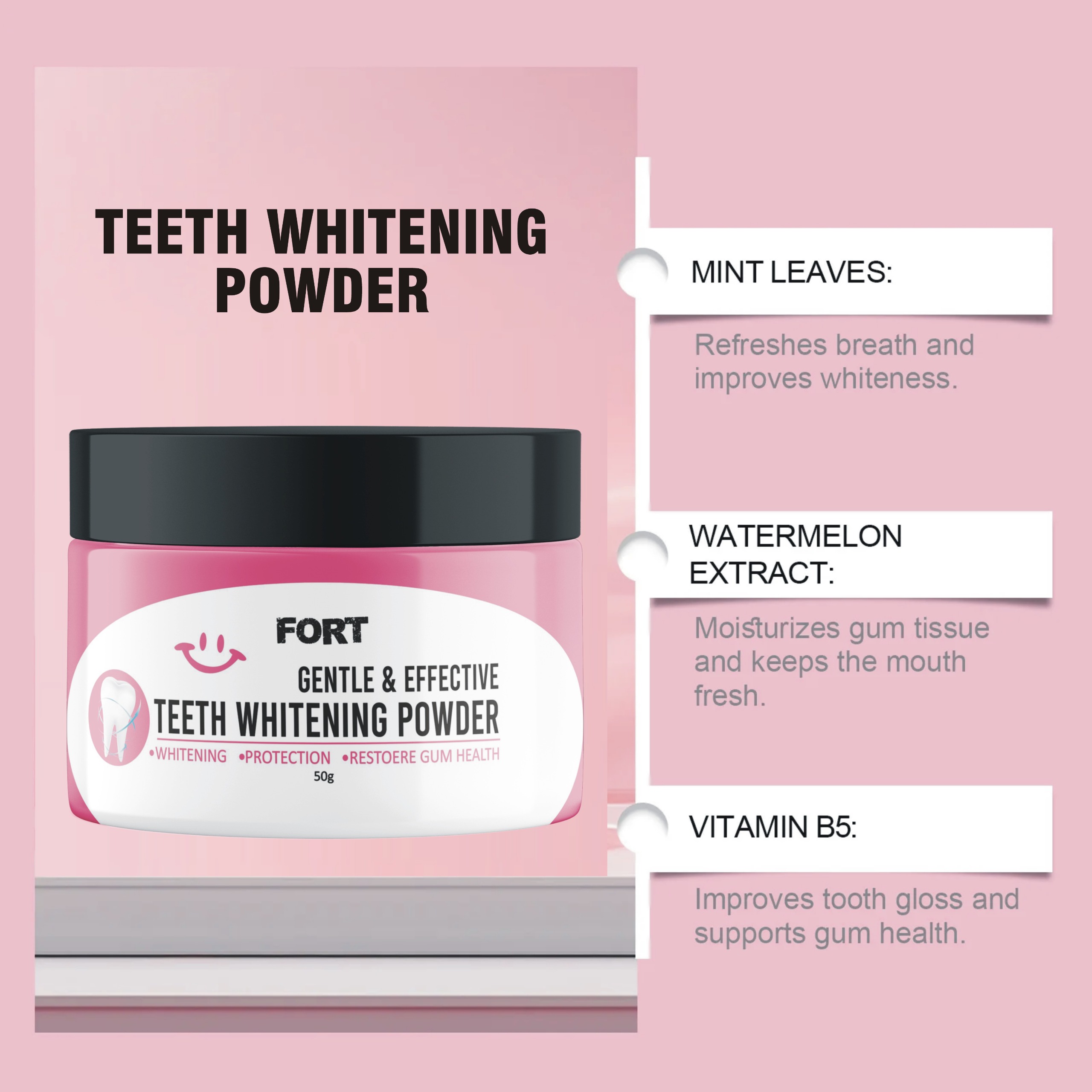 FORT Teeth Whitening Powder | Gentle & Effective Teeth Whitening Powder 100% Natural Strong Formula Dental Whitening Cleaning Powder | 50ml
