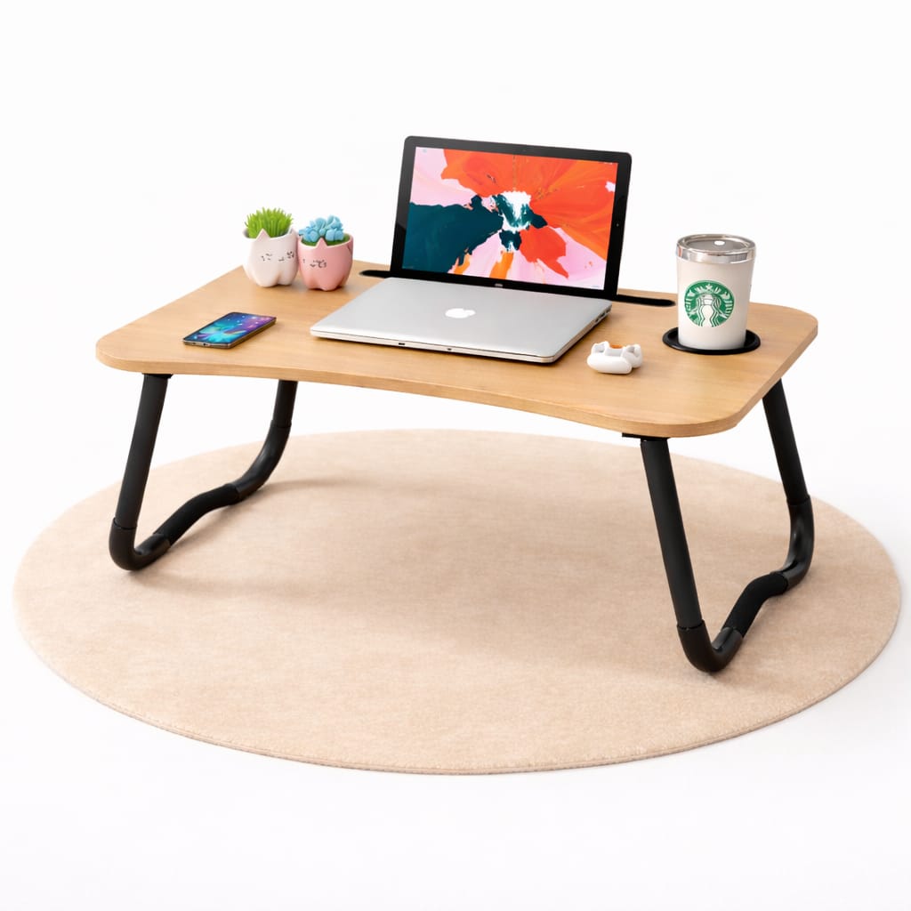 Wooden Gaming Laptop Table For Bed Foldable Stand Ergonomic Portable Drawing Notebook Reading Breakfast Serving With Inbuilt Tablet And Cup Hold Slots Couch Black Brown Beige. Floor Gaming Computer 0.75 Inches Thick Wood. High Quality Stand