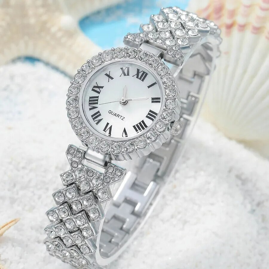 watch for girls, and Popular Fashion Roman Embossed Diamond Women Watch Jewelry Luxury Gift Accessories Box Set Fashion Ladies Watch Gift Set, for girls, women