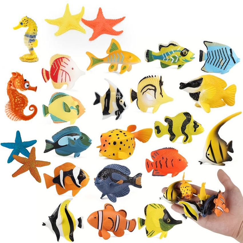24 Pcs Set - Ocean Creatures Sea Animal Kingdom Toy Set - Silicone Soft Rubber Fish Action Figure Under Water Character World Wild Fishes Animals Jungle Zoo - Big Large Size Animal For Kids Boys Girls Baby Toys