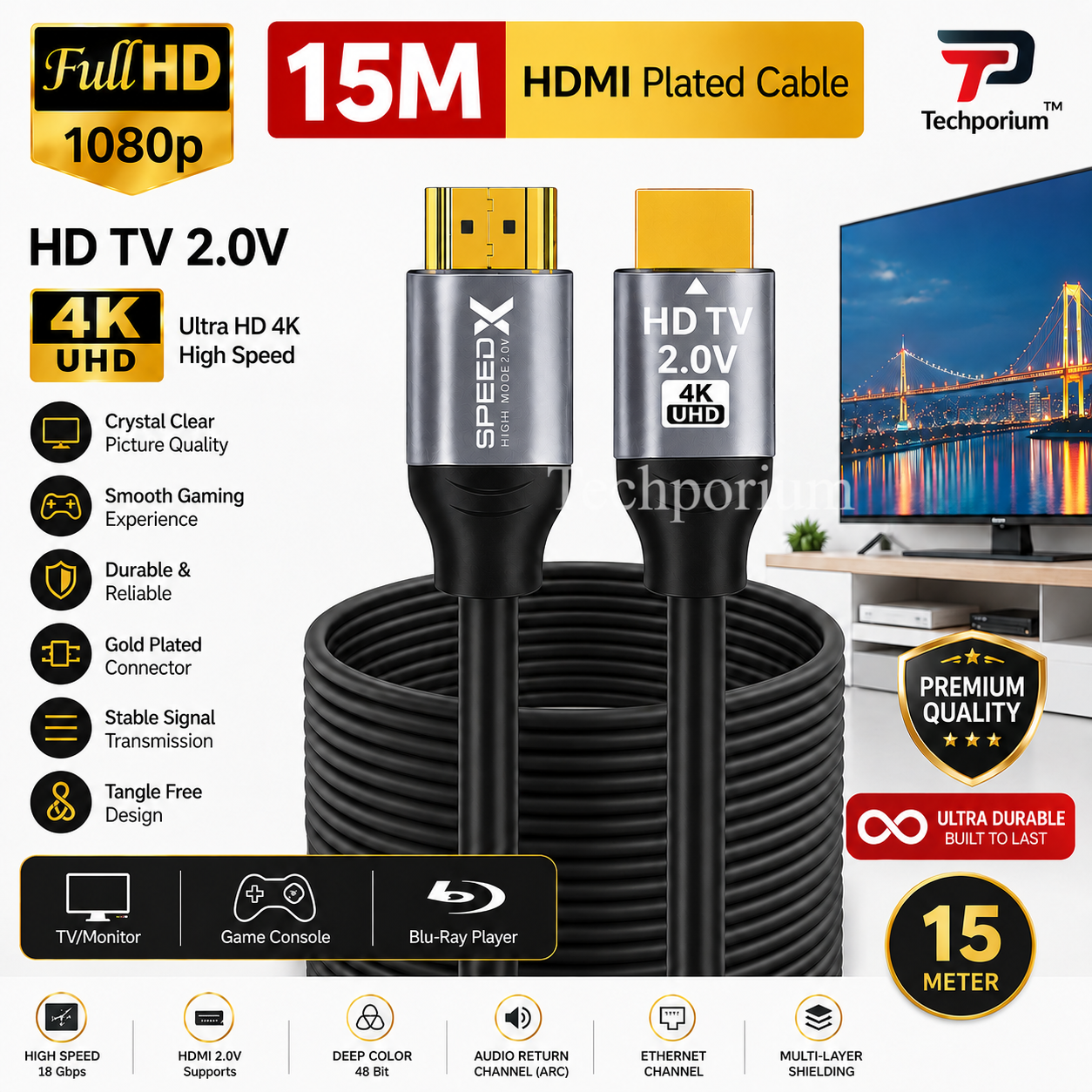 Ultra HD 4K HDMI Cable Speed-X 2.0V Premium High-Speed Cord 5M to 30M Durable 30AWG Copper Gold-Plated Connectors Compatible with Laptop PC Monitor Smart TV Projector Gaming Consoles PS4 PS5 Xbox Home Theater