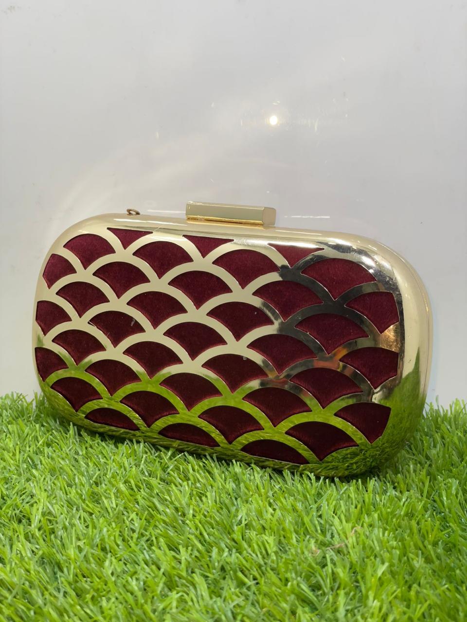 Maroon & Gold Scallop Pattern Evening Clutch , Quality Product , girls bags , ladies bags , trending bags , trending clutches