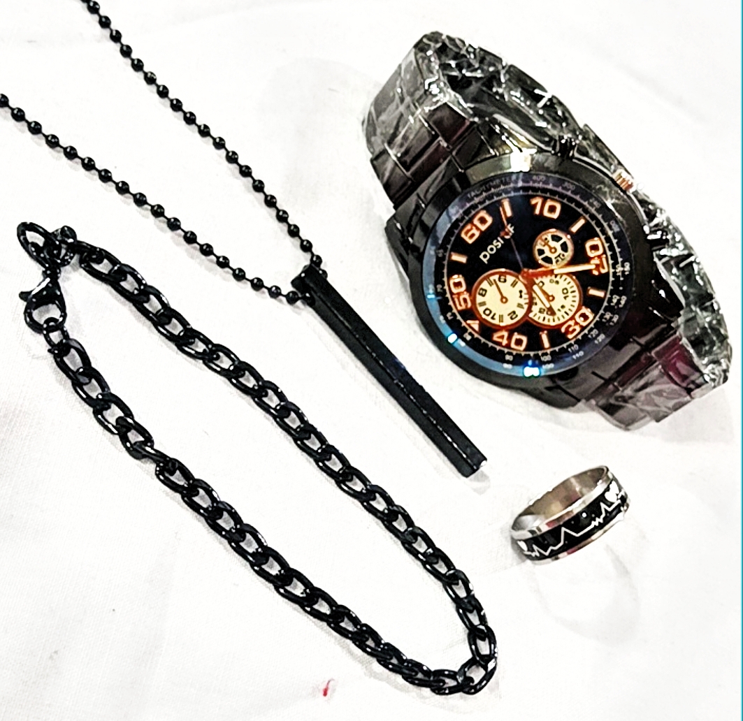 Pack of 4 Watch Set for Men Stainless Steel Fashion Watch, Bracelet, Ring and Locket Casual Business Style Black